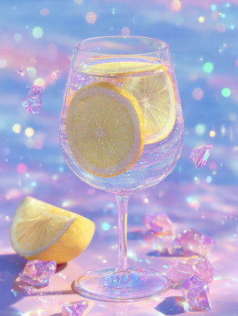 Whimsical and brightly lit 3D render of a wine glass filled with sparkling lemon water, surrounded by floating glitter, pink, purple, and blue bokeh, and translucent crystal ice shards in a dreamlike fantasy style.の素材