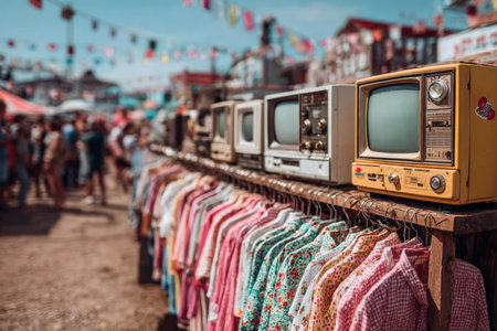 Vibrant, retro scene at an outdoor market with old-fashioned portable TV sets displayed above racks of colorful used shirts. The busy, blurred background captures the lively, festive atmosphere of vintage shopping and browsing.の素材