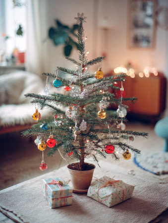 Cozy Indoor Scene with a Small Potted Christmas Tree Decorated with Colorful Ornaments and Warm String Lights, Placed on a Coffee Table Alongside Wrapped Holiday Gifts in a Bright Room.の素材