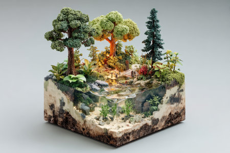 Stunning 3D rendered digital art representing a micro-world, utilizing a voxel style to depict a miniature landscape. Features forest trees, realistic water, an exposed underground cross-section, and tiny details against a light gray backdrop.の素材