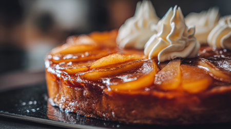 Decadent French Tarte Tatin: Close-Up of a Glazed, Caramelized Pear Tart Topped with Beautiful Swirls of Fresh Whipped Cream, Showcasing a Luxurious and Delicious Dessert in a Softly Lit, Dark Setting.の素材