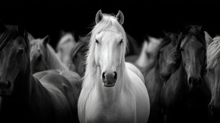 dramatic black and white image focusing sharply on the head and mane of a powerful white horse looking directly at the camera. The surrounding herd is blurred, creating a high-contrast, striking portrait of an equine leader.の素材