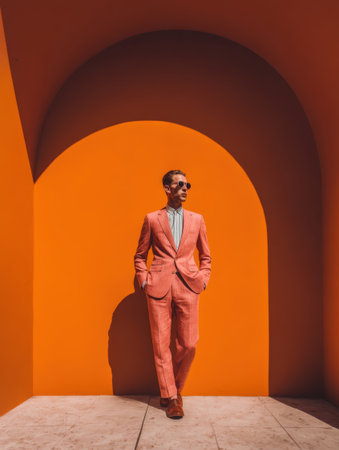 Full-length portrait of a confident, well-dressed male model in a contemporary tailored suit and classic sunglasses, leaning against a brilliant monochromatic orange wall with an arched architectural detail, representing fashion, style, and attitude.の素材