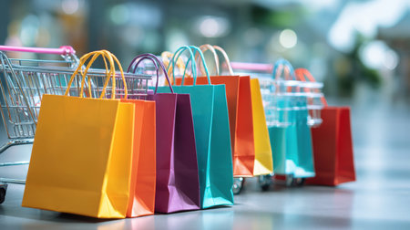 Vibrant Row of Colorful Paper Shopping Bags and Metallic Shopping Carts in a Brightly Lit Mall or Retail Environment. Concept of Consumerism, Retail Therapy, Discount Shopping, and Seasonal Sales Against a Blurred Background.の素材