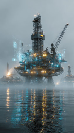 Dramatic, foggy portrait of a massive, illuminated oil rig or offshore platform at night, enhanced with glowing blue digital heads-up displays, representing smart industry, oil and gas production, industrial internet of things, advanced technology.の素材