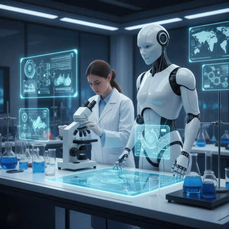 laboratory setting featuring female scientist using microscope alongside sleek humanoid robot, with glowing blue futuristic screens and data displays, symbolizing essential collaboration between human expertise and artificial intelligence researchの素材