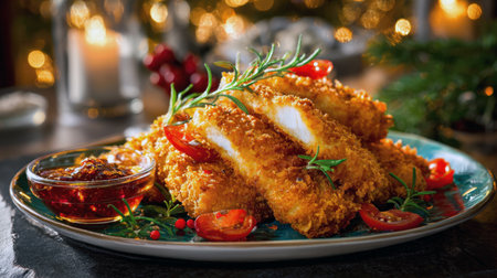 Crispy, deep-fried breaded poultry or seafood appetizer, perfectly plated with vibrant rosemary, tomatoes, ready to be dipped into rich sauce, capturing gourmet festive meal or party finger food with sparkling Christmas holiday lights in backgroundの素材