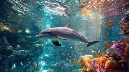 Spectacular wide-angle underwater view of a bottle-nose dolphin effortlessly gliding over a vibrant, colorful tropical reef filled with diverse fish, showing the health and beauty of the ocean ecosystem, marine biology, and wildlife photography.の素材