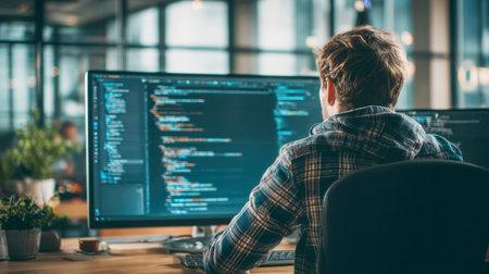 Rear View of Male Software Developer or Programmer Intensely Focused on Coding and Programming Script on Large Monitor Screen in Modern Tech Office Environment.の素材