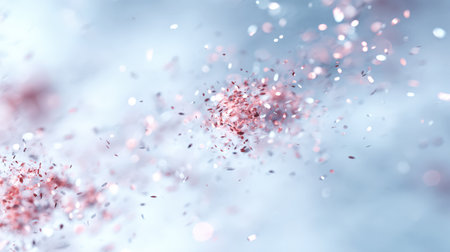 Dynamic and cool-toned abstract background featuring a swirling cloud of pink and white micro-particles, confetti, and sparkling glitter on a blurred, light blue and white field, creating a modern, high-energy festive overlay or design texture.の素材