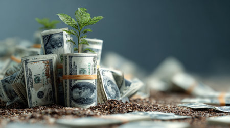 Vibrant green seedling growing robustly from a fertile bed of soil surrounded by rolls of United States currency, symbolizing financial growth, investment, savings, business success, and wealth creation over timeの素材