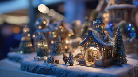 Detailed Close-Up of Traditional Ceramic Christmas Village Church with Snowy Landscape and Miniature Figures Against a Magical Blurred Background of Warm Bokeh Lights.の素材