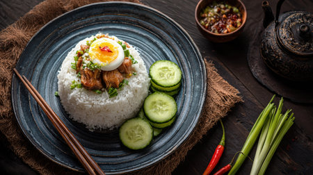 Appetizing Overhead Close-Up of Gourmet Asian Rice Dish Topped with Braised Meat and Boiled Egg, Garnished with Chopped Green Onion and Fresh Cucumber Slices on Dark Plate.の素材