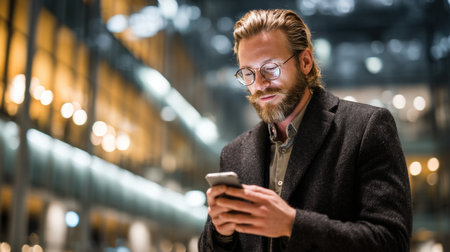 Close-up, candid portrait of a handsome, well-dressed man checking his smartphone outdoors in the evening, with the glow of the screen reflecting on his face and spectacles against a blurred, dark cityscape background with warm lights.の素材