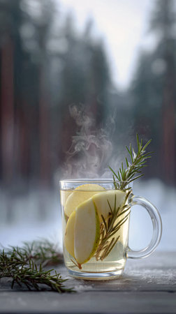 A clear glass mug of warm, fragrant herbal infusion decorated with bright green apple slices and rosemary, with visible steam rising against a cold, snow-covered forest backdrop, capturing a peaceful, cozy winter moment and healthy beverage concept.の素材