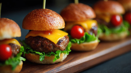 Appetizing Close-Up of a Row of Four Gourmet Mini Cheeseburger Sliders on Toasted Brioche Buns Topped with Melted Cheddar Cheese, Lettuce, and Cherry Tomato.の素材