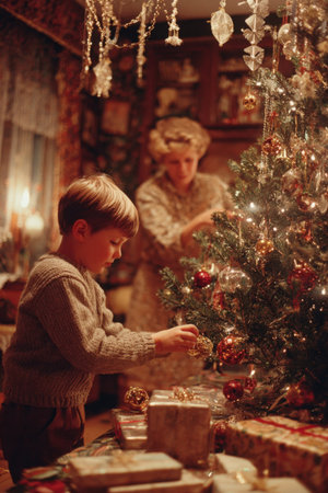 Nostalgic and Heartwarming Vertical Image of a Young Boy Decorating a Beautifully Lit Christmas Tree with Gold Ornaments While His Grandmother Helps in the Warmly Decorated Vintage Home.の素材