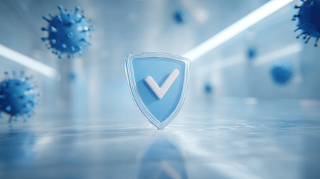 Abstract 3D rendering featuring a stylized safety shield with a checkmark floating in a sterile, light blue environment with blurred virus or bacteria cells, illustrating concepts of secure defense, medical protection, and technological safeguard.の素材