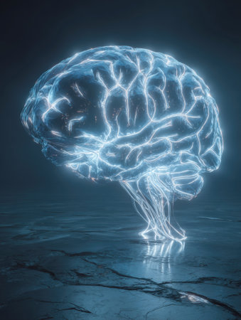 Digital representation of the human brain illuminated with glowing neural pathways, conceptualizing artificial intelligence, deep learning, futuristic technology, and the complex inner workings of the mind on a dark, reflective surfaceの素材