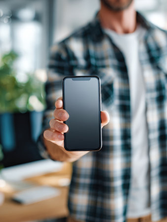 A man in a casual plaid shirt holds a modern frameless black smartphone with a blank screen directly toward the viewer. Perfect mockup for mobile app demonstration, technology, or business concepts.の素材