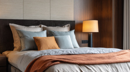 Luxurious contemporary bedroom interior with layered bedding, soft neutral tones, and warm accent lighting creating a comfortable and inviting atmosphere for relaxation and sophisticated residential design conceptsの素材
