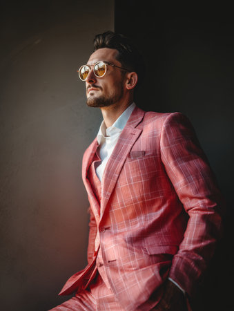 High-Fashion Portrait of a Stylish Man in a Bold Pink Plaid Suit: Confident Male Model Posing with Gold-Rimmed Sunglasses and an Open White Shirt, Epitomizing Luxury, Modern Elegance, and Dapper Contemporary Style in Dramatic Lightの素材