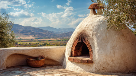 Rustic Sicilian Countryside Clay Wood-Fired Pizza Oven Set Against Breathtaking Landscape of Rolling Hills, Vineyards, and Olive Trees Under a Bright Summer Sky.の素材