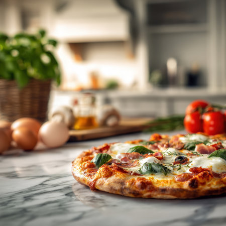 ?? Freshly Baked Prosciutto and Basil Pizza: Close-up of Delicious Italian Food with Melted Mozzarella, Served on a White Marble Kitchen Countertop with Raw Ingredients in a Bright Setting.の素材