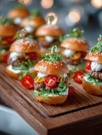 Gourmet Mini Beef Sliders Appetizer: Vertical Close-up of Small Sesame Seed Buns Stuffed with Beef Patty, Creamy Sauce, Cherry Tomatoes, and Microgreens on a Rustic Wooden Board.の素材