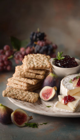 Gourmet Fig and Brie Appetizer Plate: Close-up of Creamy Brie Cheese, Fresh Figs, and Savory Crackers with a Side of Berry Jam, Against a Moody, Dark Rustic Background.の素材
