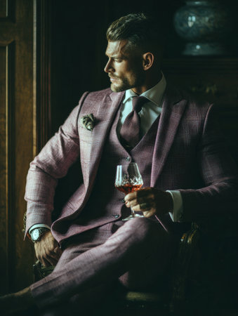 Elegant Gentleman in Mauve Three-Piece Suit: Dramatic Indoor Portrait of a Confident, Handsome Man Seated in a Classic Armchair, Contemplating while Holding a Glass of Brandy.の素材