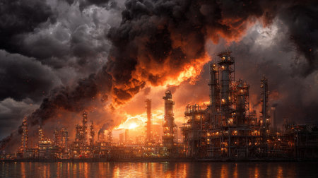 Apocalyptic Oil Refinery Catastrophe: Massive Industrial Complex on Fire with Intense Orange Flames and Ominous Black Smoke Engulfing the Sky at Sunset, Reflected on the Water.の素材