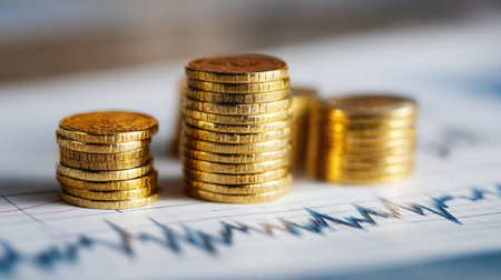 Stacks of Golden Coins on Financial Chart: Close-up of Euro-Style Currency Piles Resting on a Printed Paper Graph, Representing Business Investment, Stock Market Trends, and Wealth Accumulation.の素材