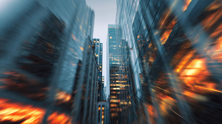 A dramatic, low-angle perspective looking up at towering commercial skyscrapers, creating a dynamic, abstract motion blur effect with streaks of contrasting fiery orange and cool blue light. Perfect for finance, speed, technology, urban concepts.の素材