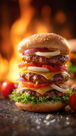 Mouthwatering Triple Stacked Cheeseburger: Gourmet Flame-Grilled Beef Patties, Melting Cheese, Fresh Lettuce, Tomato, and Onion on a Toasted Sesame Bun.の素材