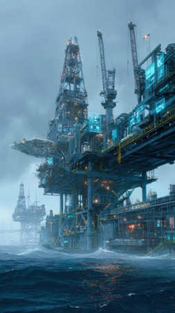 A dramatic, vertical image of a massive offshore oil or gas platform rendered with futuristic, cyberpunk elements, including glowing blue holographic screens and digital data. Set against a dark, stormy ocean and foggy sky.の素材