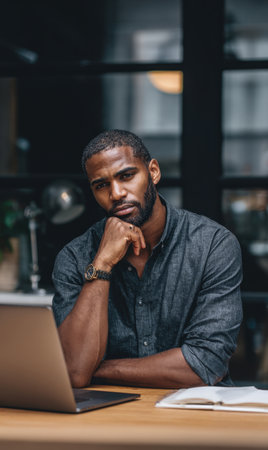 A striking portrait of a confident and serious businessman with a beard, wearing a casual yet sharp button-up shirt and a wristwatch, working at a table with a laptop in a modern, stylish, dimly lit office or cafe.の素材