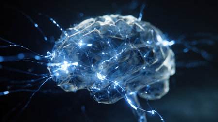 Stunning 3D rendering of a translucent human brain model illuminated by bright blue glowing neural networks, visualizing intense thought, electrical activity, synapses, artificial intelligence, and complex cognitive processesの素材