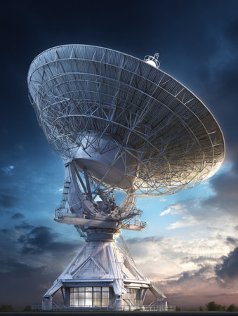 An awe-inspiring, massive radio telescope dish dominates the foreground, silhouetted against a dramatic evening sky with clouds, stars, and the glow of sunset. Perfect for themes of technology, science, space, and communication.の素材