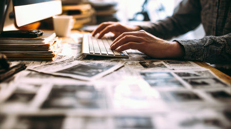 Hands Typing on Keyboard: Close-up of a Busy Entrepreneur or Editor Working on a Computer, Surrounded by Piles of Newspapers, Documents, and Coffee, in a Cozy Home Office.の素材