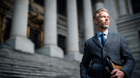 A middle-aged man in a dark, textured coat and tie stands on the steps of a grand building with classical columns courthouse, bank, or university. He holds a leather brief, laptop bag and looks off-camera with a confident expression.の素材