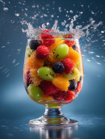 A dramatic, high-speed photograph capturing a vibrant mix of fresh, chilled fruit (raspberries, blueberries, kiwi, and orange) splashing in a glass, creating a frozen crown of water droplets and bubbles against a cool blue background.の素材