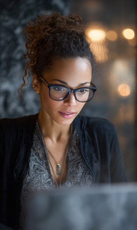 A focused young woman with glasses and curly hair bun works intently on a laptop. Perfect for themes of remote work, small business, concentration, professionalism, education, technology, and stylish workwear.の素材