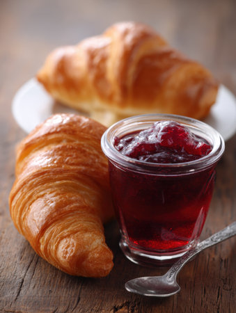 A beautiful, close-up vertical shot of a golden, flaky croissant next to a glass jar of rich berry jam and a silver spoon on a rustic wooden surface. Perfect for breakfast, bakery, and pastry concepts.の素材