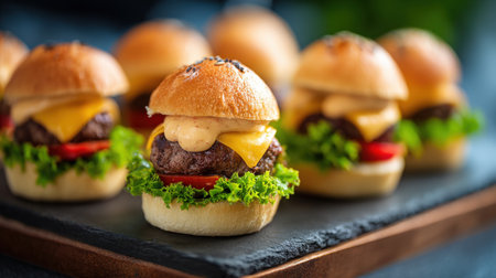 A row of gourmet mini cheeseburgers sliders featuring juicy beef, melted cheese, fresh lettuce, and special sauce on sesame seed buns. Elegantly served on a dark slate board for catering or parties.の素材