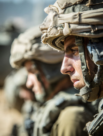 Intense, close-up portrait of a young male soldier in camouflage helmet, looking focused during duty. The sharp detail highlights sweat and grime, conveying action, service, and military commitment.の素材