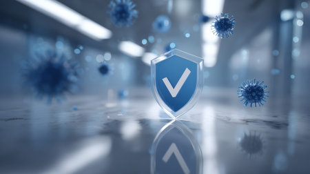 A digital shield with a checkmark protects against floating blue virus/bacteria cells in a futuristic, sterile environment. Concept for cyber security, health protection, digital defense, and antivirus software.の素材