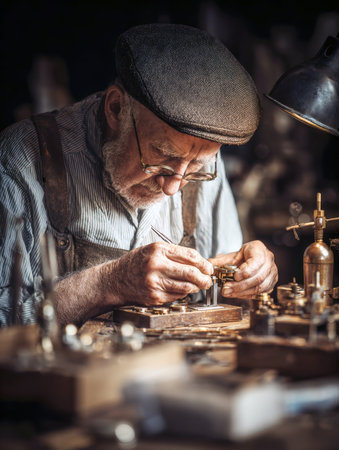 A vertical, atmospheric close-up of a skilled senior craftsman watchmaker, clockmaker wearing a flat cap and spectacles, meticulously working with small tweeters on intricate brass mechanical components in his dimly lit, old-fashioned workshop.の素材