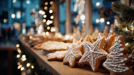 Warm and Cozy Christmas Bakery Display Iced Gingerbread Star and Tree Cookies Lined Up on a Wooden Shelf, Framed by Bokeh Lights and Garland Festive Holiday Treat and Winter Comfort Food.の素材