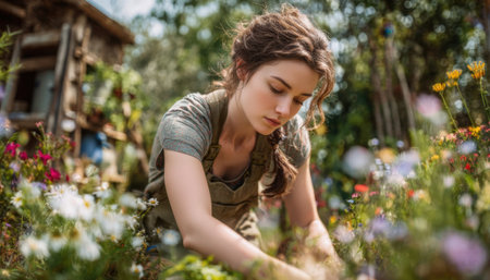 Authentic Vertical Portrait of a Beautiful Young Woman in Overalls and a T-Shirt Tending to Vibrant Wildflowers and Herbs in a Lush, Sunlit Backyard or Cottage Garden During a Peaceful Summer Afternoonの素材